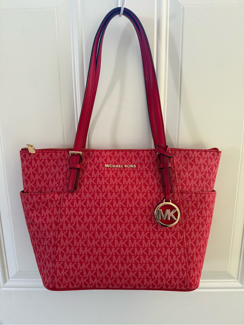 Michael Kors Red Signature MK Tote with Gold Charm